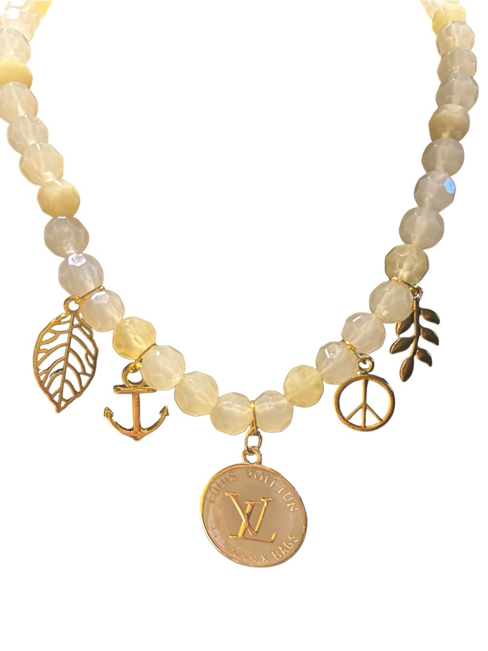 Beaded Necklace with off white  Faceted Beads and Round Pendant